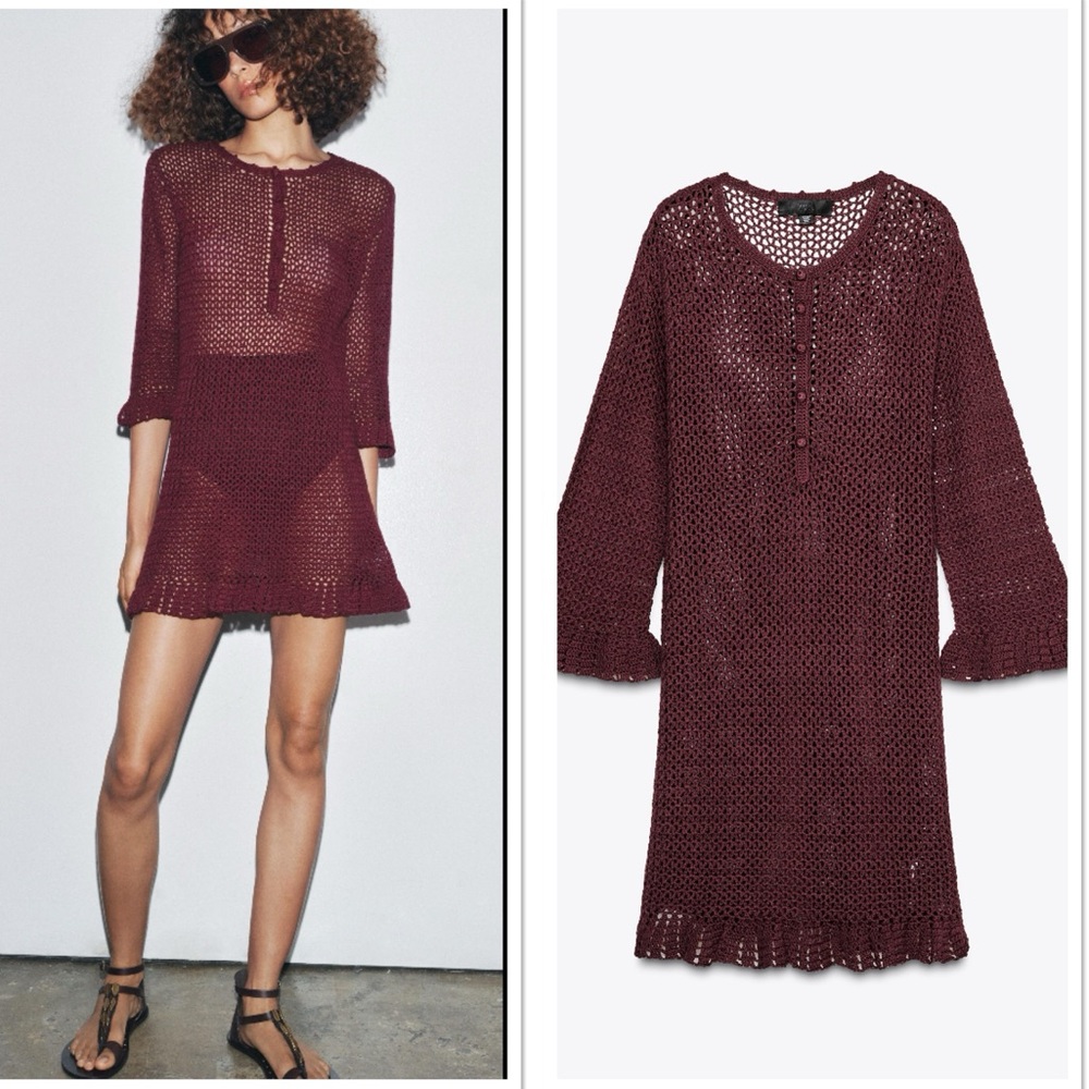 Zara Round Neck Ruffled Crochet Knit Mini Dress Sz:S Burgundy